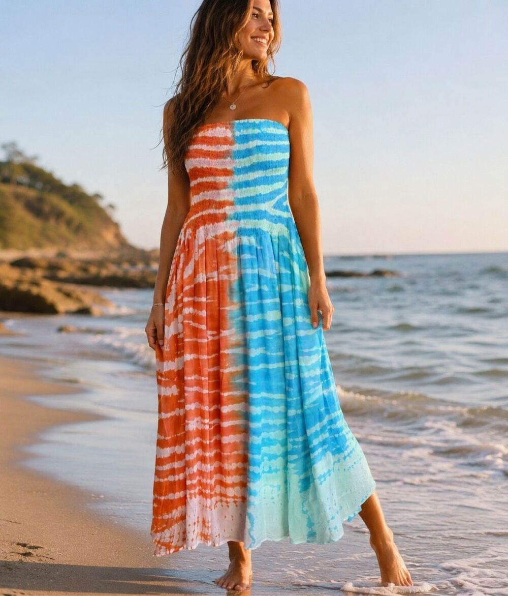 Young Broke Fabulous $209 Blue orange tie dye Lagoon Reef Strapless Maxi Dress S